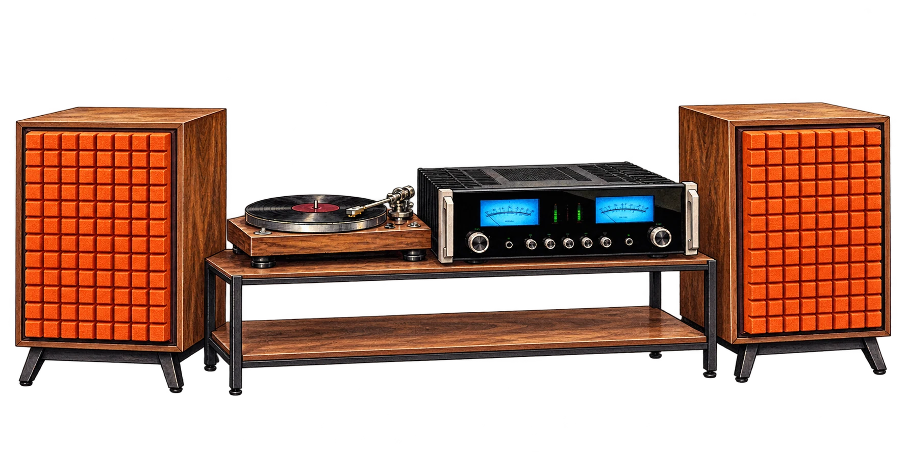 Illustration d’un système hi-fi : amplificateur à vu-mètres bleus inspiré du McIntosh MA8950, platine vinyle et enceintes à grilles orange inspirées des JBL L100 Classic MkII, sur un rack ouvert.