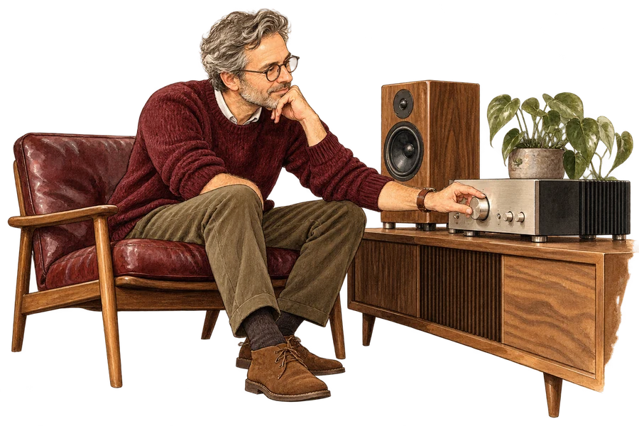 Un audiophile ajuste son amplificateur et écoute son système.