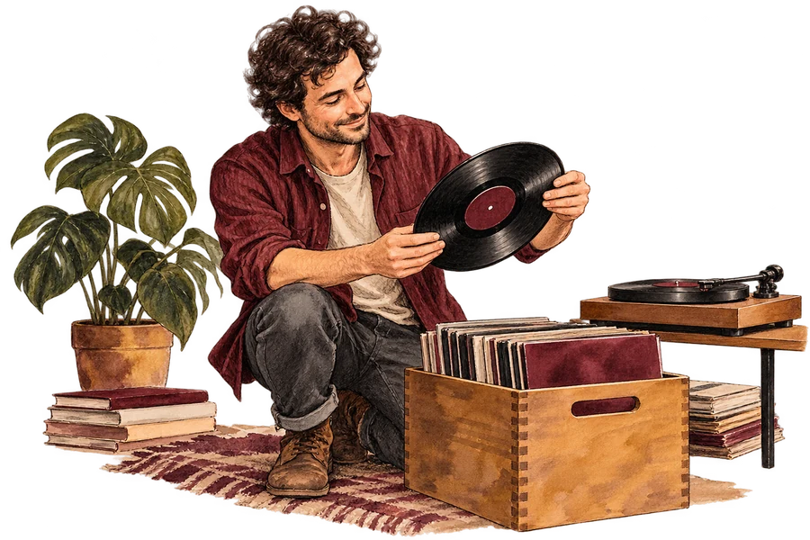 Un mélomane choisit un vinyle près de sa platine.